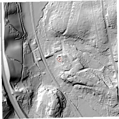Shaded relief map of the ground around TQ125FJ, computed from Environment Agency LiDAR. The ground here sits at about 25 m above sea level and falls 49 m across the surrounding 800 m. Surface water reaching this point runs off ground lying to the east-south-east, 10.4 m higher.