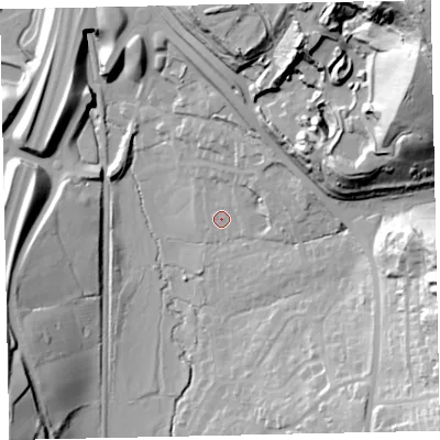Shaded relief map of the ground around TQ125GB, computed from Environment Agency LiDAR. The ground here sits at about 15 m above sea level and falls 83 m across the surrounding 800 m. Surface water reaching this point runs off ground lying to the north-east, 27.5 m higher.