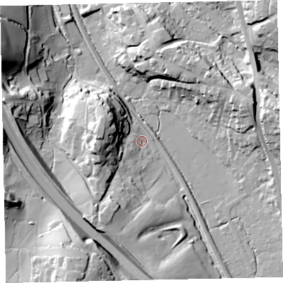Shaded relief map of the ground around TQ125GD, computed from Environment Agency LiDAR. The ground here sits at about 22 m above sea level and falls 38 m across the surrounding 800 m. Surface water reaching this point runs off ground lying to the west, 22.4 m higher.