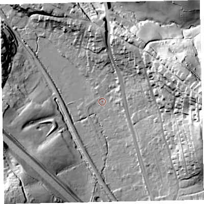 Shaded relief map of the ground around TQ125HB, computed from Environment Agency LiDAR. The ground here sits at about 24 m above sea level and falls 57 m across the surrounding 800 m. Surface water reaching this point runs off ground lying to the east-north-east, 7.3 m higher.