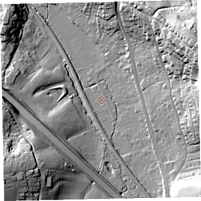 Shaded relief map of the ground around TQ125HD, computed from Environment Agency LiDAR. The ground here sits at about 23 m above sea level and falls 50 m across the surrounding 800 m. Surface water reaching this point runs off ground lying to the east-north-east, 45.8 m higher.
