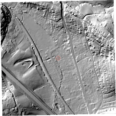 Shaded relief map of the ground around TQ125HE, computed from Environment Agency LiDAR. The ground here sits at about 23 m above sea level and falls 54 m across the surrounding 800 m. Surface water reaching this point runs off ground lying to the north-east, 6.9 m higher.