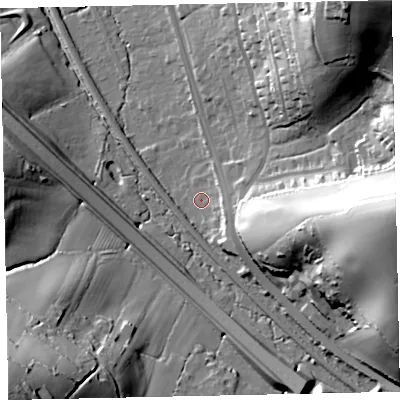 Shaded relief map of the ground around TQ125HP, computed from Environment Agency LiDAR. The ground here sits at about 28 m above sea level and falls 64 m across the surrounding 800 m. Surface water reaching this point runs off ground lying to the east-south-east, 5.9 m higher.