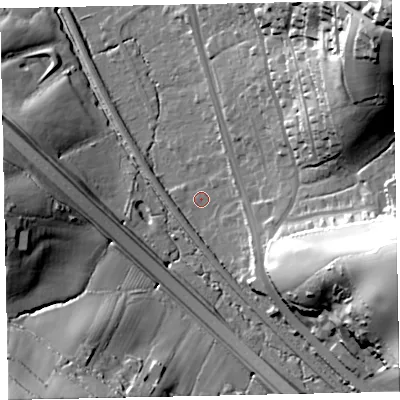 Shaded relief map of the ground around TQ125HR, computed from Environment Agency LiDAR. The ground here sits at about 27 m above sea level and falls 71 m across the surrounding 800 m. Surface water reaching this point runs off ground lying to the east, 3.2 m higher.