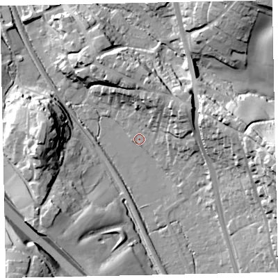 Shaded relief map of the ground around TQ125HY, computed from Environment Agency LiDAR. The ground here sits at about 22 m above sea level and falls 44 m across the surrounding 800 m. Surface water reaching this point runs off ground lying to the north-north-east, 13.7 m higher.