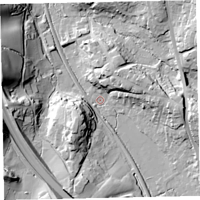 Shaded relief map of the ground around TQ125JX, computed from Environment Agency LiDAR. The ground here sits at about 20 m above sea level and falls 42 m across the surrounding 800 m. Surface water reaching this point runs off ground lying to the east, 27.8 m higher.