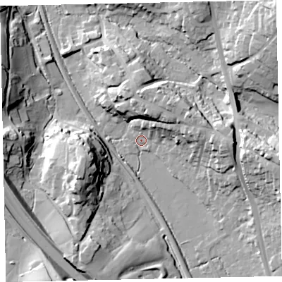 Shaded relief map of the ground around TQ125JY, computed from Environment Agency LiDAR. The ground here sits at about 21 m above sea level and falls 35 m across the surrounding 800 m. Surface water reaching this point runs off ground lying to the north-east, 12.5 m higher.