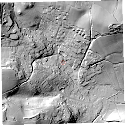 Shaded relief map of the ground around TQ125NP, computed from Environment Agency LiDAR. The ground here sits at about 32 m above sea level and falls 63 m across the surrounding 800 m. Surface water reaching this point runs off ground lying to the west, 50.8 m higher.