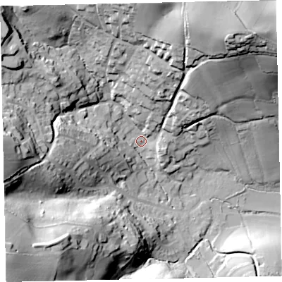 Shaded relief map of the ground around TQ125NT, computed from Environment Agency LiDAR. The ground here sits at about 30 m above sea level and falls 61 m across the surrounding 800 m. Surface water reaching this point runs off ground lying to the north-east, 53.1 m higher.