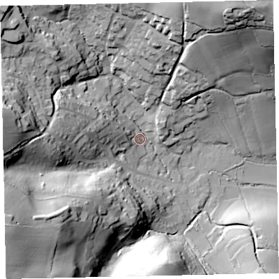 Shaded relief map of the ground around TQ125NY, computed from Environment Agency LiDAR. The ground here sits at about 30 m above sea level and falls 62 m across the surrounding 800 m. Surface water reaching this point runs off ground lying to the north-east, 54.9 m higher.