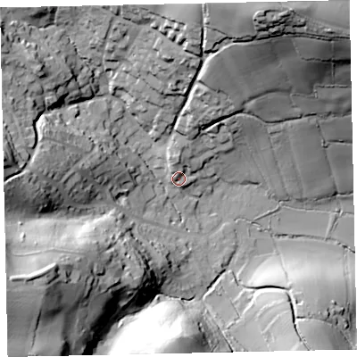 Shaded relief map of the ground around TQ125NZ, computed from Environment Agency LiDAR. The ground here sits at about 30 m above sea level and falls 62 m across the surrounding 800 m. Surface water reaching this point runs off ground lying to the north, 5.4 m higher.