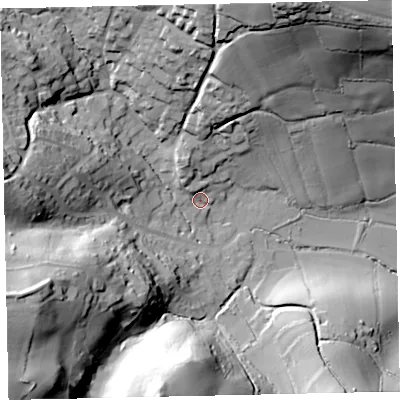 Shaded relief map of the ground around TQ125PB, computed from Environment Agency LiDAR. The ground here sits at about 26 m above sea level and falls 61 m across the surrounding 800 m. Surface water reaching this point runs off ground lying to the north-west, 7.1 m higher.