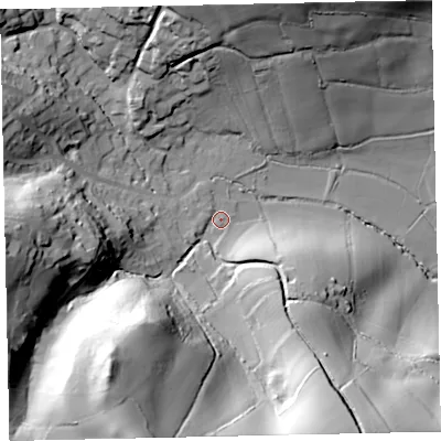 Shaded relief map of the ground around TQ125PD, computed from Environment Agency LiDAR. The ground here sits at about 25 m above sea level and falls 53 m across the surrounding 800 m. Surface water reaching this point runs off ground lying to the south-west, 47.2 m higher.