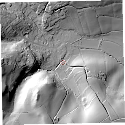 Shaded relief map of the ground around TQ125PE, computed from Environment Agency LiDAR. The ground here sits at about 26 m above sea level and falls 53 m across the surrounding 800 m. Surface water reaching this point runs off ground lying to the south-south-west, 47.2 m higher.