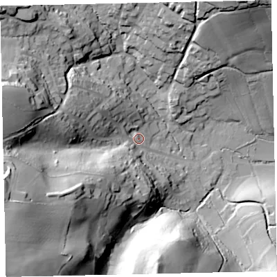 Shaded relief map of the ground around TQ125PG, computed from Environment Agency LiDAR. The ground here sits at about 32 m above sea level and falls 63 m across the surrounding 800 m. Surface water reaching this point runs off ground lying to the west-south-west, 51.3 m higher.