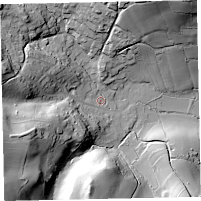 Shaded relief map of the ground around TQ125PH, computed from Environment Agency LiDAR. The ground here sits at about 27 m above sea level and falls 58 m across the surrounding 800 m. Surface water reaching this point runs off ground lying to the west-south-west, 51.7 m higher.