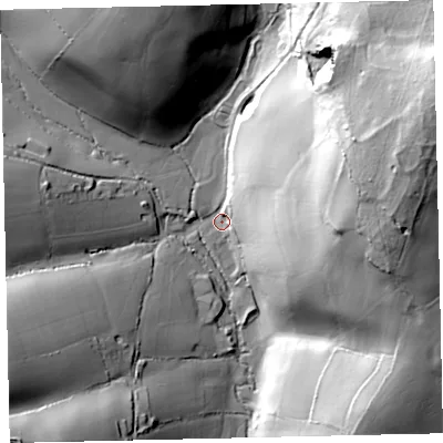 Shaded relief map of the ground around TQ125UP, computed from Environment Agency LiDAR. The ground here sits at about 25 m above sea level and falls 70 m across the surrounding 800 m. Surface water reaching this point runs off ground lying to the east-north-east, 62.2 m higher.
