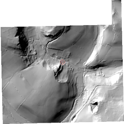 Shaded relief map of the ground around TQ125UR, computed from Environment Agency LiDAR. The ground here sits at about 34 m above sea level and falls 64 m across the surrounding 800 m. Surface water reaching this point runs off ground lying to the west-north-west, 47.1 m higher.