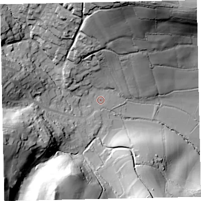 Shaded relief map of the ground around TQ125YF, computed from Environment Agency LiDAR. The ground here sits at about 24 m above sea level and falls 58 m across the surrounding 800 m. Surface water reaching this point runs off ground lying to the north, 51.9 m higher.