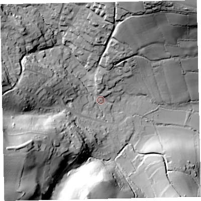 Shaded relief map of the ground around TQ125YG, computed from Environment Agency LiDAR. The ground here sits at about 28 m above sea level and falls 61 m across the surrounding 800 m. Surface water reaching this point runs off ground lying to the north-north-east, 55.3 m higher.