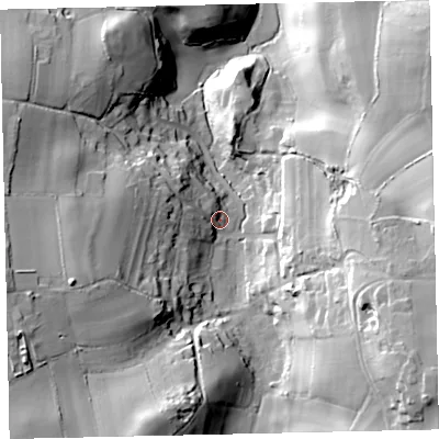 Shaded relief map of the ground around TQ126BD, computed from Environment Agency LiDAR. The ground here sits at about 56 m above sea level and falls 52 m across the surrounding 800 m. Surface water reaching this point runs off ground lying to the west-north-west, 14.8 m higher.