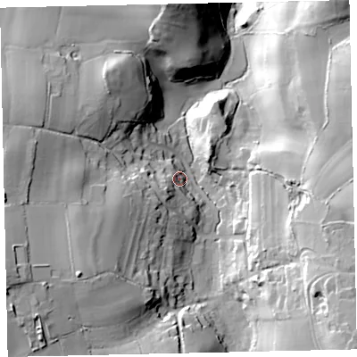 Shaded relief map of the ground around TQ126BE, computed from Environment Agency LiDAR. The ground here sits at about 56 m above sea level and falls 58 m across the surrounding 800 m. Surface water reaching this point runs off ground lying to the west-south-west, 18.8 m higher.