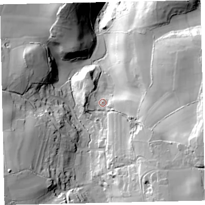 Shaded relief map of the ground around TQ126BH, computed from Environment Agency LiDAR. The ground here sits at about 61 m above sea level and falls 61 m across the surrounding 800 m. Surface water reaching this point runs off ground lying to the south-east, 9.4 m higher.