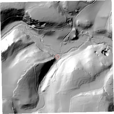 Shaded relief map of the ground around TQ126BL, computed from Environment Agency LiDAR. The ground here sits at about 20 m above sea level and falls 71 m across the surrounding 800 m. Surface water reaching this point runs off ground lying to the south-south-east, 63.2 m higher.
