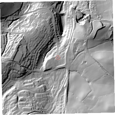Shaded relief map of the ground around TQ126BT, computed from Environment Agency LiDAR. The ground here sits at about 44 m above sea level and falls 74 m across the surrounding 800 m. Surface water reaching this point runs off ground lying to the east-south-east, 7.6 m higher.