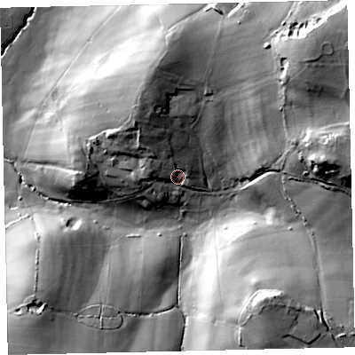Shaded relief map of the ground around TQ126EW, computed from Environment Agency LiDAR. The ground here sits at about 56 m above sea level and falls 53 m across the surrounding 800 m. Surface water reaching this point runs off ground lying to the north-north-west, 15.4 m higher.