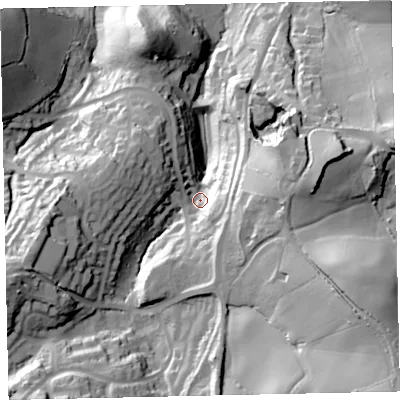 Shaded relief map of the ground around TQ126FD, computed from Environment Agency LiDAR. The ground here sits at about 33 m above sea level and falls 69 m across the surrounding 800 m. Surface water reaching this point runs off ground lying to the south-east, 51.1 m higher.