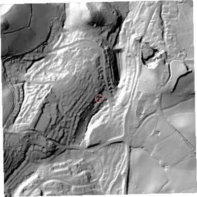 Shaded relief map of the ground around TQ126FG, computed from Environment Agency LiDAR. The ground here sits at about 37 m above sea level and falls 66 m across the surrounding 800 m. Surface water reaching this point runs off ground lying to the west-south-west, 35.0 m higher.