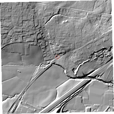Shaded relief map of the ground around TQ126HQ, computed from Environment Agency LiDAR. The ground here sits at about 32 m above sea level and falls 26 m across the surrounding 800 m. Surface water reaching this point runs off ground lying to the north-west, 22.8 m higher.