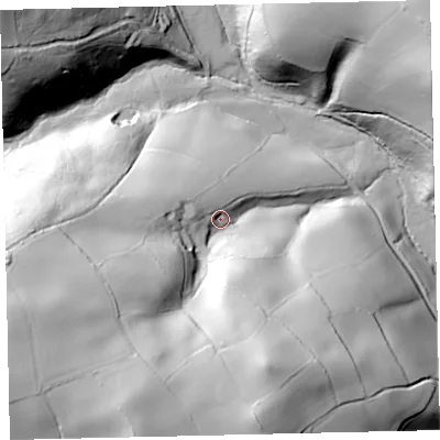 Shaded relief map of the ground around TQ126HX, computed from Environment Agency LiDAR. The ground here sits at about 108 m above sea level and falls 105 m across the surrounding 800 m. Surface water reaching this point runs off ground lying to the west-south-west, 68.8 m higher.