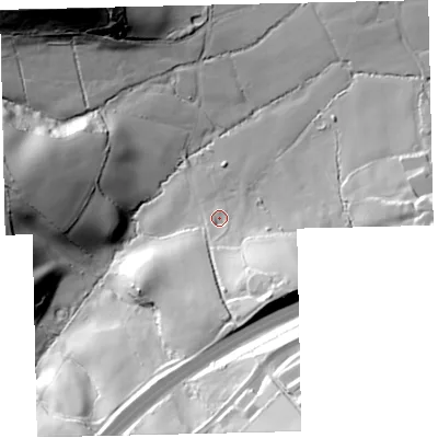 Shaded relief map of the ground around TQ126HZ, computed from Environment Agency LiDAR. The ground here sits at about 50 m above sea level and falls 62 m across the surrounding 800 m. Surface water reaching this point runs off ground lying to the south-south-east, 26.3 m higher.