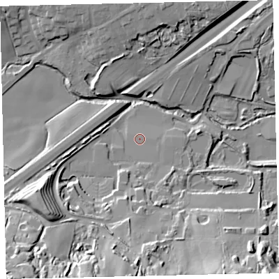 Shaded relief map of the ground around TQ126JD, computed from Environment Agency LiDAR. The ground here sits at about 32 m above sea level and falls 42 m across the surrounding 800 m. Surface water reaching this point runs off ground lying to the south, 10.3 m higher.