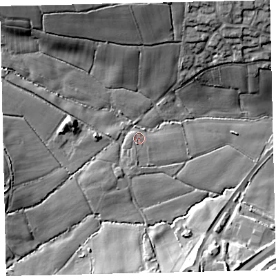 Shaded relief map of the ground around TQ126JF, computed from Environment Agency LiDAR. The ground here sits at about 38 m above sea level and falls 21 m across the surrounding 800 m. Surface water reaching this point runs off ground lying to the south-south-west, 2.4 m higher.