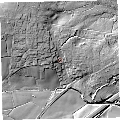 Shaded relief map of the ground around TQ126JL, computed from Environment Agency LiDAR. The ground here sits at about 40 m above sea level and falls 28 m across the surrounding 800 m. Surface water reaching this point runs off ground lying to the north-west, 13.1 m higher.