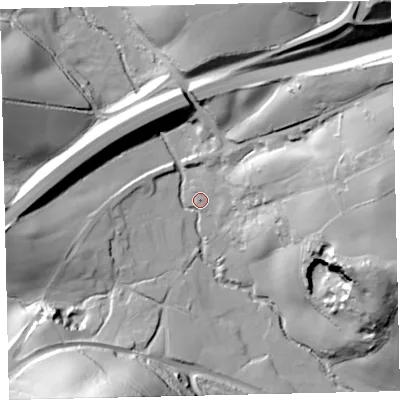 Shaded relief map of the ground around TQ126JQ, computed from Environment Agency LiDAR. The ground here sits at about 77 m above sea level and falls 69 m across the surrounding 800 m. Surface water reaching this point runs off ground lying to the north-east, 56.9 m higher.