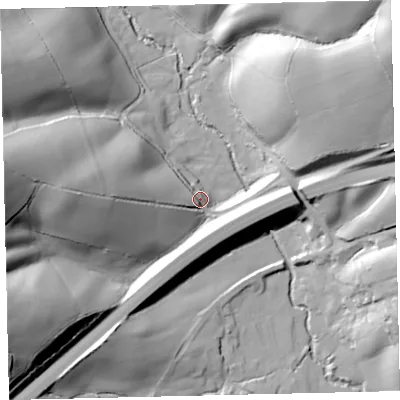 Shaded relief map of the ground around TQ126JS, computed from Environment Agency LiDAR. The ground here sits at about 89 m above sea level and falls 71 m across the surrounding 800 m. Surface water reaching this point runs off ground lying to the west, 63.9 m higher.