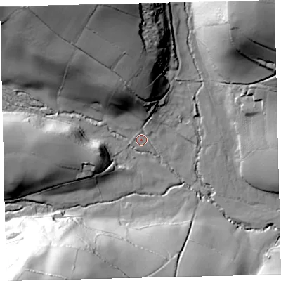 Shaded relief map of the ground around TQ126LF, computed from Environment Agency LiDAR. The ground here sits at about 113 m above sea level and falls 81 m across the surrounding 800 m. Surface water reaching this point runs off ground lying to the north-north-west, 28.5 m higher.