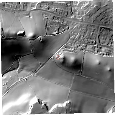 Shaded relief map of the ground around TQ126LT, computed from Environment Agency LiDAR. The ground here sits at about 77 m above sea level and falls 45 m across the surrounding 800 m. Surface water reaching this point runs off ground lying to the east, 10.3 m higher.