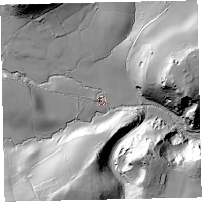 Shaded relief map of the ground around TQ126LX, computed from Environment Agency LiDAR. The ground here sits at about 27 m above sea level and falls 58 m across the surrounding 800 m. Surface water reaching this point runs off ground lying to the east-north-east, 53.7 m higher.