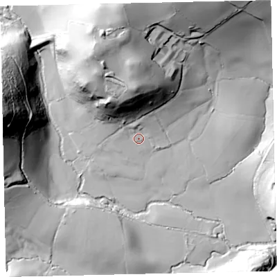 Shaded relief map of the ground around TQ126NA, computed from Environment Agency LiDAR. The ground here sits at about 36 m above sea level and falls 80 m across the surrounding 800 m. Surface water reaching this point runs off ground lying to the north, 38.2 m higher.