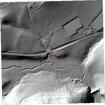 Shaded relief map of the ground around TQ126NL, computed from Environment Agency LiDAR. The ground here sits at about 48 m above sea level and falls 66 m across the surrounding 800 m. Surface water reaching this point runs off ground lying to the north, 37.9 m higher.