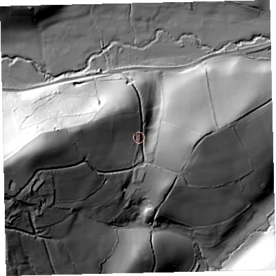 Shaded relief map of the ground around TQ126NX, computed from Environment Agency LiDAR. The ground here sits at about 78 m above sea level and falls 76 m across the surrounding 800 m. Surface water reaching this point runs off ground lying to the west, 49.7 m higher.