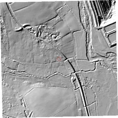 Shaded relief map of the ground around TQ126QN, computed from Environment Agency LiDAR. The ground here sits at about 10 m above sea level and falls 58 m across the surrounding 800 m. Surface water reaching this point runs off ground lying to the north-west, 4.1 m higher.