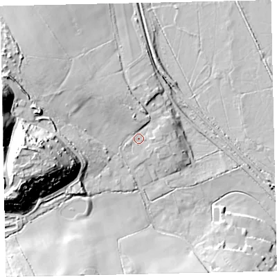 Shaded relief map of the ground around TQ126QP, computed from Environment Agency LiDAR. The ground here sits at about 10 m above sea level and falls 38 m across the surrounding 800 m. Surface water reaching this point runs off ground lying to the west, 32.0 m higher.