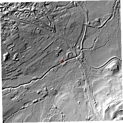 Shaded relief map of the ground around TQ126QQ, computed from Environment Agency LiDAR. The ground here sits at about 19 m above sea level and falls 31 m across the surrounding 800 m. Surface water reaching this point runs off ground lying to the north, 2.0 m higher.