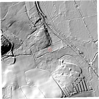 Shaded relief map of the ground around TQ126QS, computed from Environment Agency LiDAR. The ground here sits at about 7 m above sea level and falls 35 m across the surrounding 800 m. Surface water reaching this point runs off ground lying to the west, 29.0 m higher.